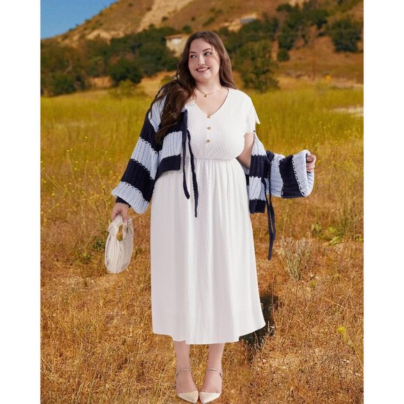 Plus Size White Summer Dress Lace Ruffle Sleeve Button Front Comfortable Casual - Picture 3 of 9